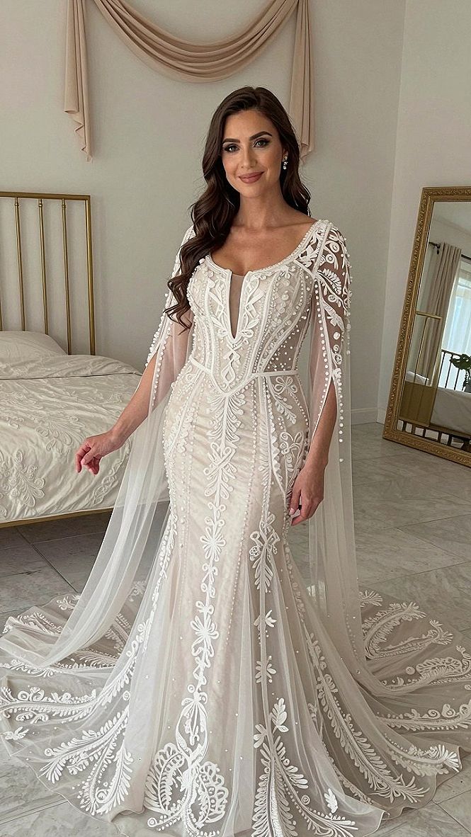 Selecting a Royal Lace Gown with Draped Sleeves