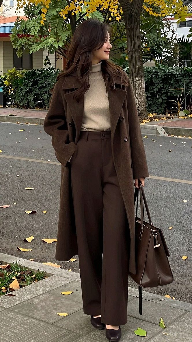 Layering Brown Trousers and a Wool Coat for Autumn