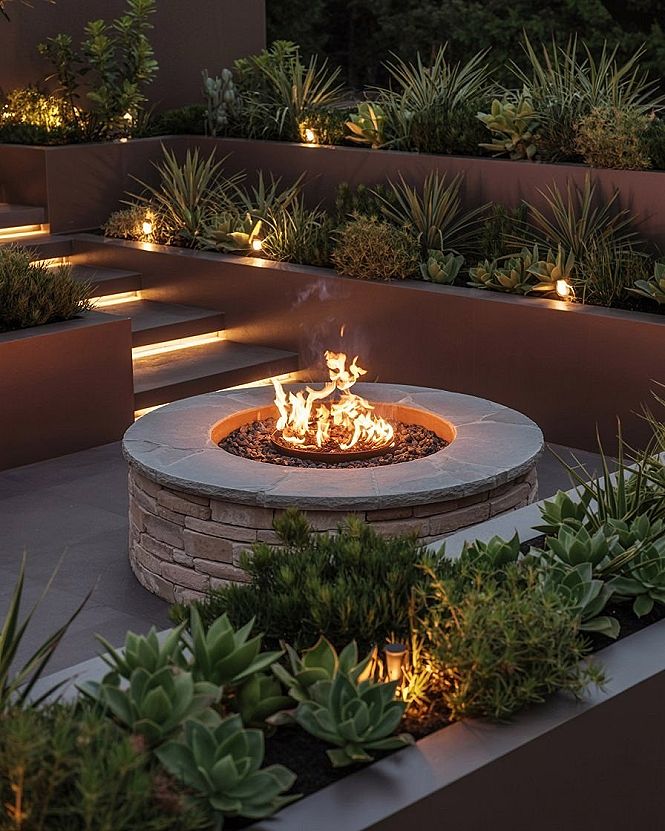Modern Outdoor Fire Pit Design with Tiered Landscaping
