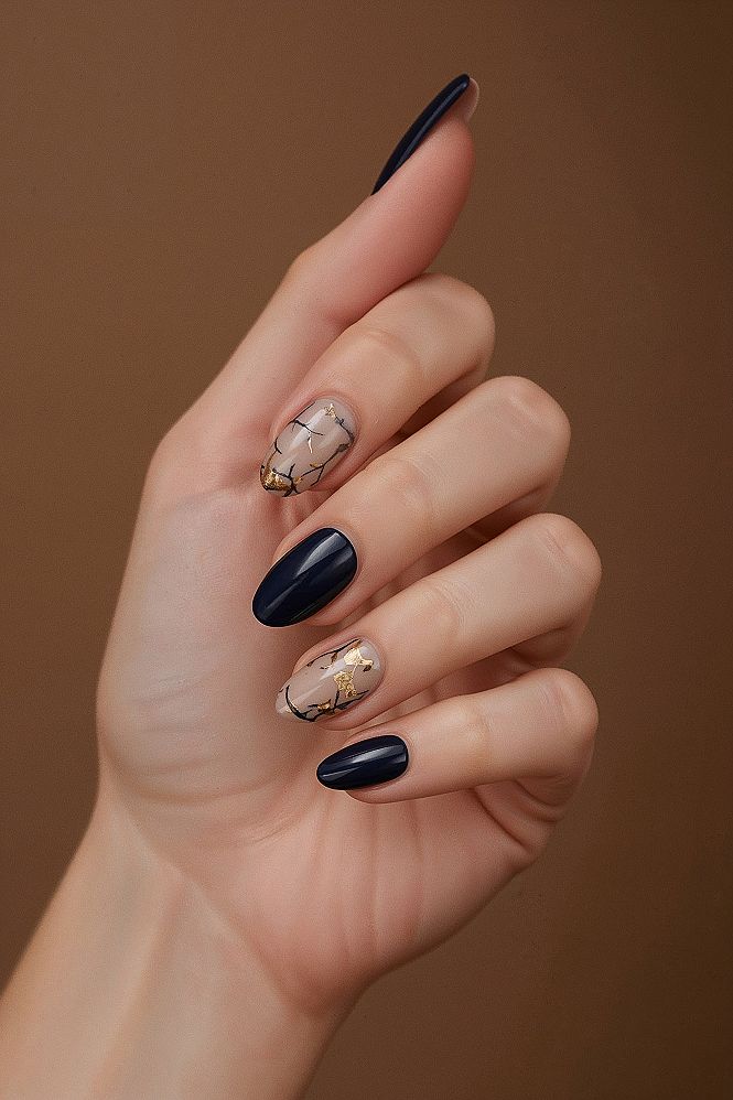 Elegant Dark Blue & Gold Leaf Nail Art for Short Almond Nails
