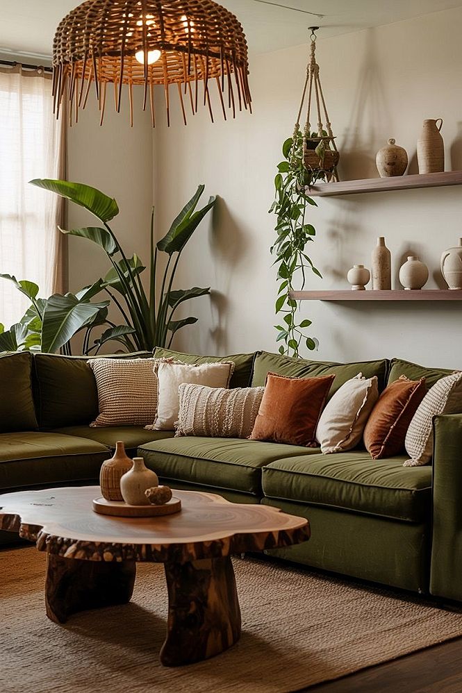 Olive Green Boho Living Room: Nature-Inspired Eclectic Design