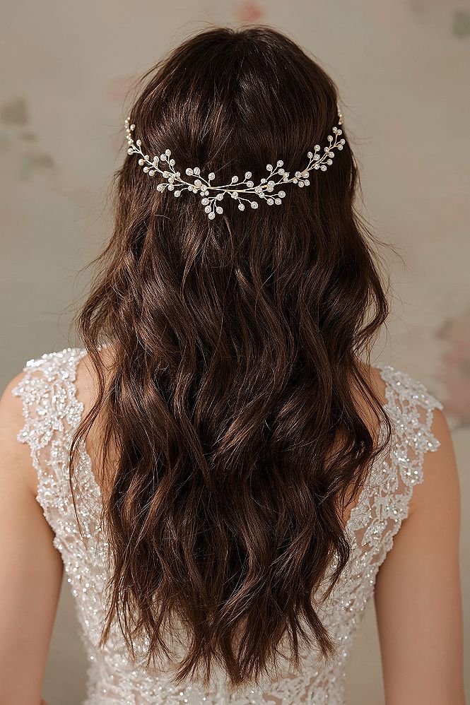 Romantic Bridal Half-Down Waves with Gold & Pearl Vine Headpiece
