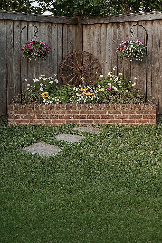 Rustic Garden Charm: Whimsical Backyard Landscaping with Wagon Wheels