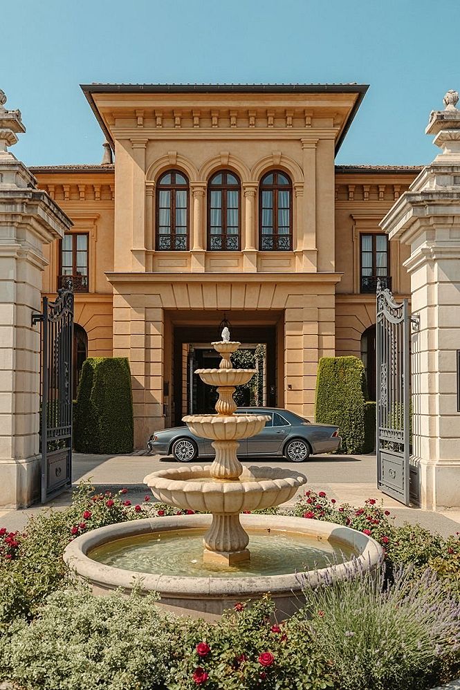 Casas Elegantes: European Villa with a Majestic Fountain Entrance