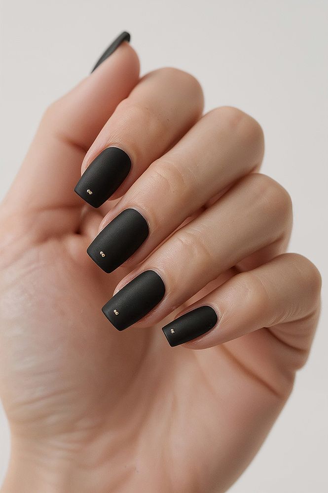 Sophisticated Matte Black Nails with Elegant Gold Dot Accents