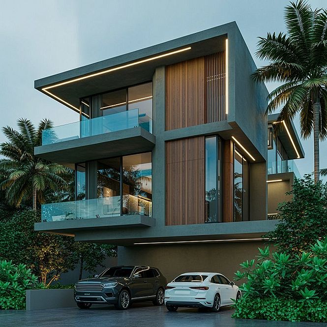 Luxury Modern House Exterior: Concrete, Wood, and Glass Elegance