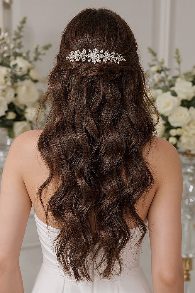 Sophisticated Bride Hairstyle: Elegant Long Hair Half-Up Waves