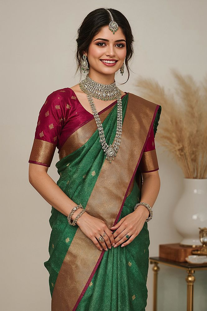 Vibrant Green & Orange Silk Saree with Belt: Trending South Indian Fashion