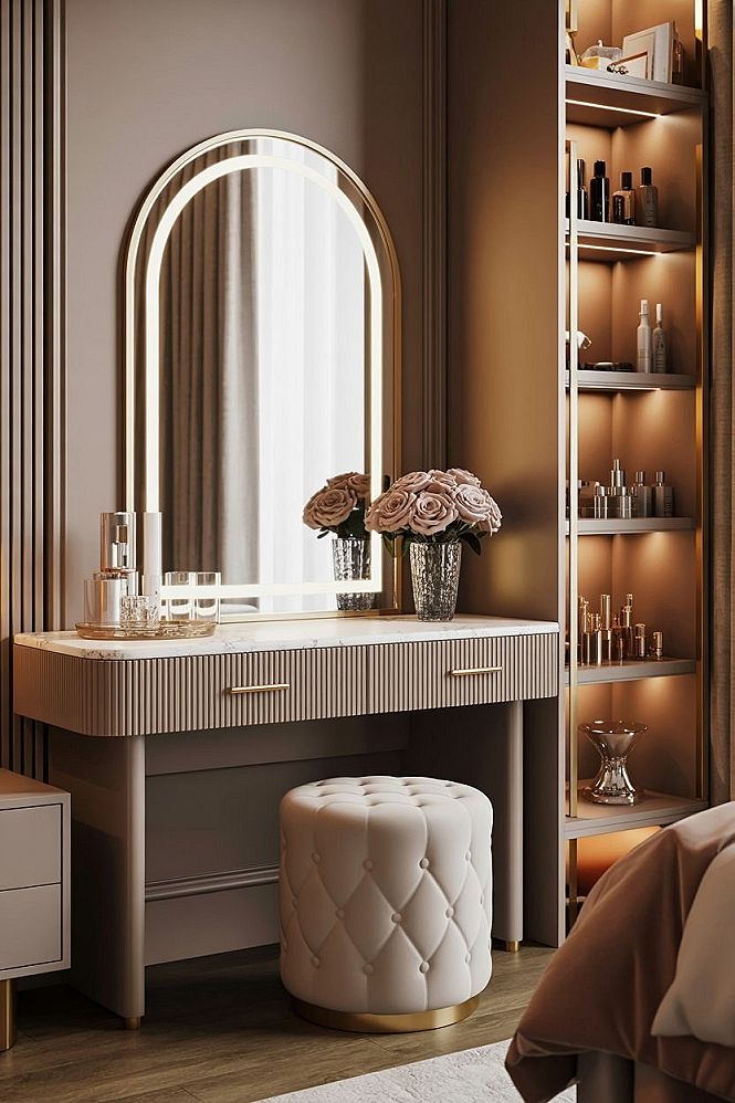 Luxury Vanity Set Ideas: Marble, Gold, and LED Arched Mirror Glamour