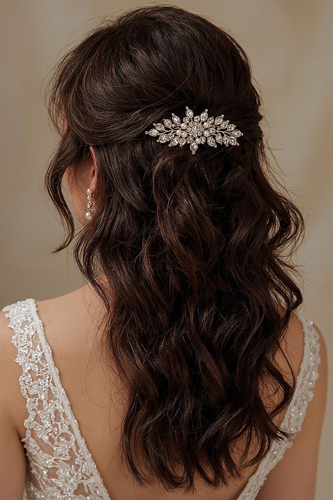 Elegant Half Up Bridal Hair for Brunettes with Crystal & Pearl Accessories