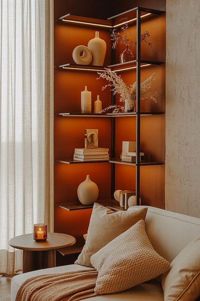 Cozy Modern Living Room Corner: LED Shelf & Ambient Lighting