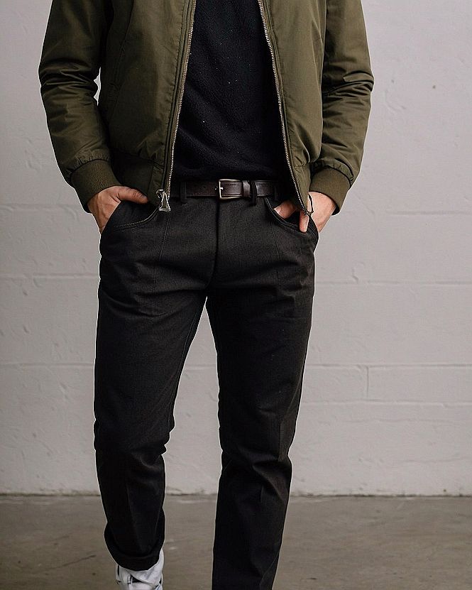 Choosing an Olive Jacket with Dark Chinos and a Crewneck