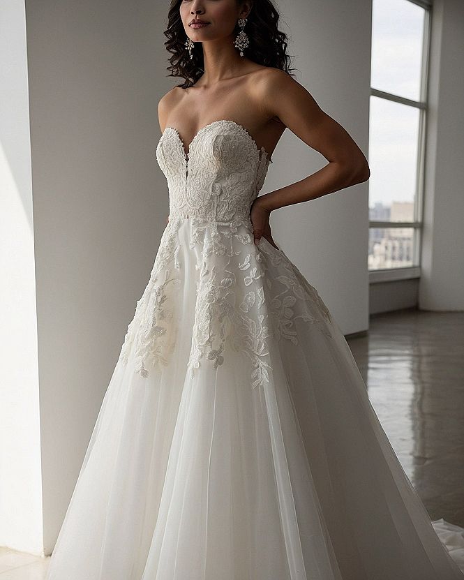 Selecting a Strapless Ivory Ballgown with Applique