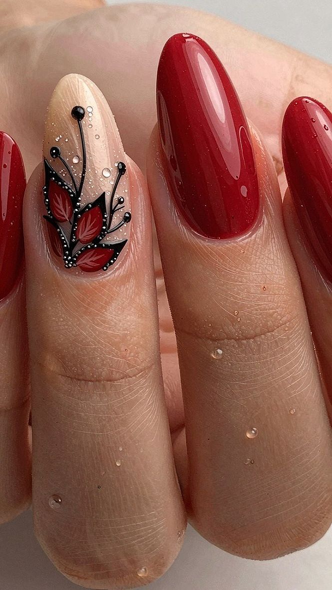 Choosing Bold Red and Black Botanical Nail Art for Fall