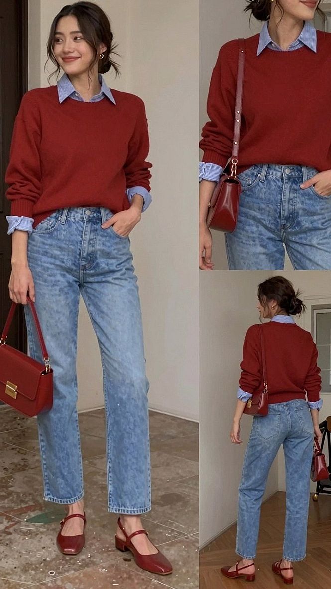 Layering a Red Sweater Over a Collared Shirt