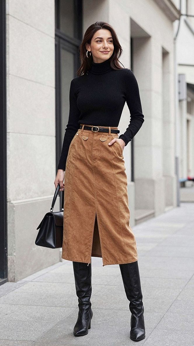 Styling Tall Boots With a Midi Skirt and Belt