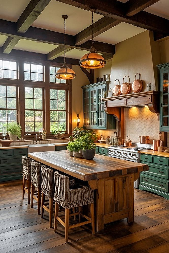 Rustic Farmstyle Kitchen Ideas: Dark Green & Wood Beams