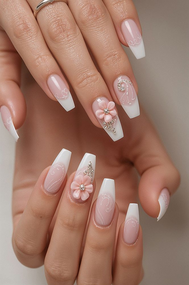 3D Pink Floral Acrylic Nails: Cute Elegant Wedding Designs