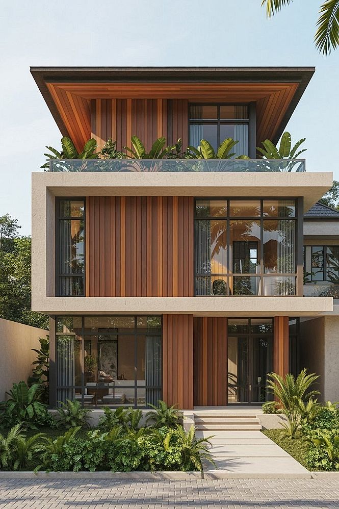 Tropical Modern House Design: Wood Accents & Natural Harmony