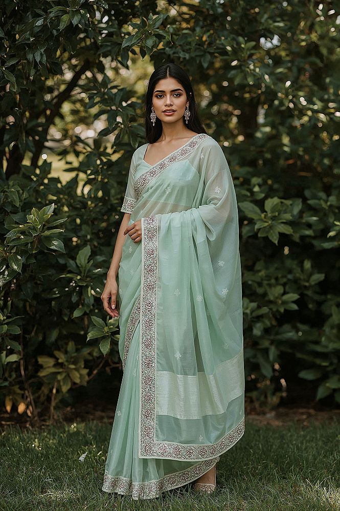 Modern Mint Green Saree: Chic Indian Wedding Guest Outfits