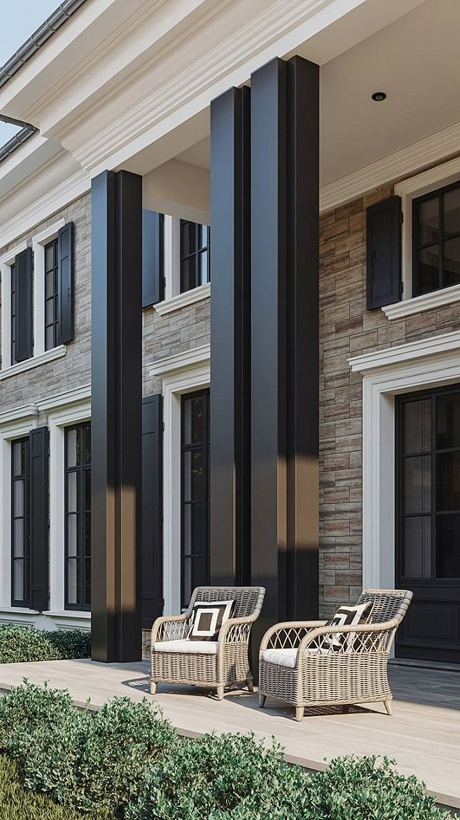 Chic Front Landscaping: Bold Black Accents for Modern Porch Design