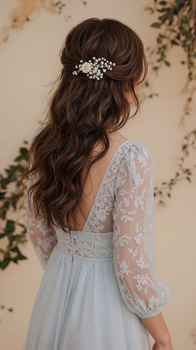 Bridesmaid Hair Goals: Elegant Curls with Floral Accents for Long Hair