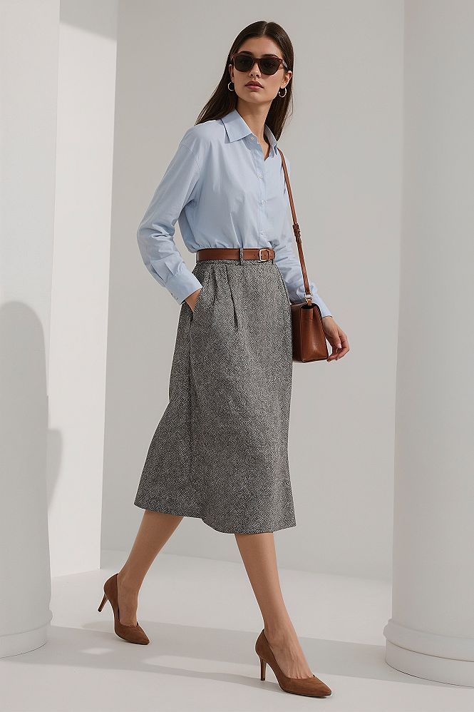 Elegant Workwear: Chic Midi Skirt & Blue Blouse Outfit