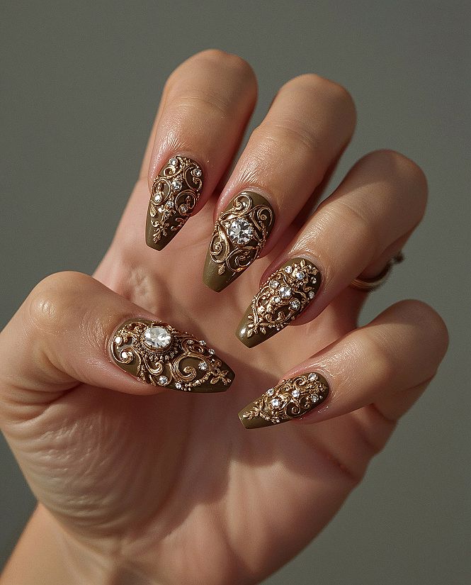 Luxury Vintage Green & Gold Nail Art for Autumn