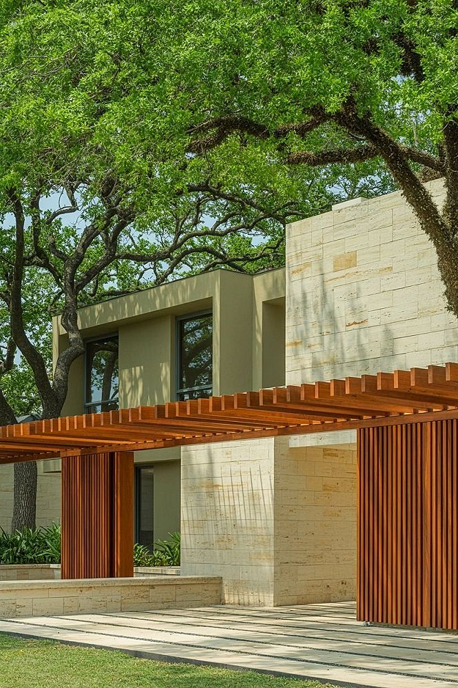 Dream Home Exterior: Wood Pergola & Rustic Architecture Blend