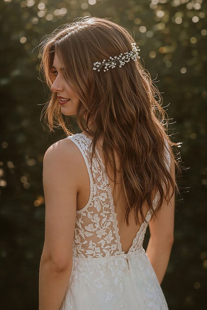 Romantic Half-Up Wedding Hair with Delicate Florals
