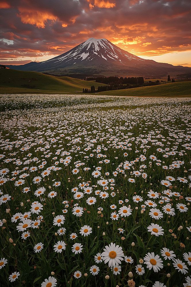Daisy Field Sunset: Inspired HD Aesthetic Wallpaper for Spring