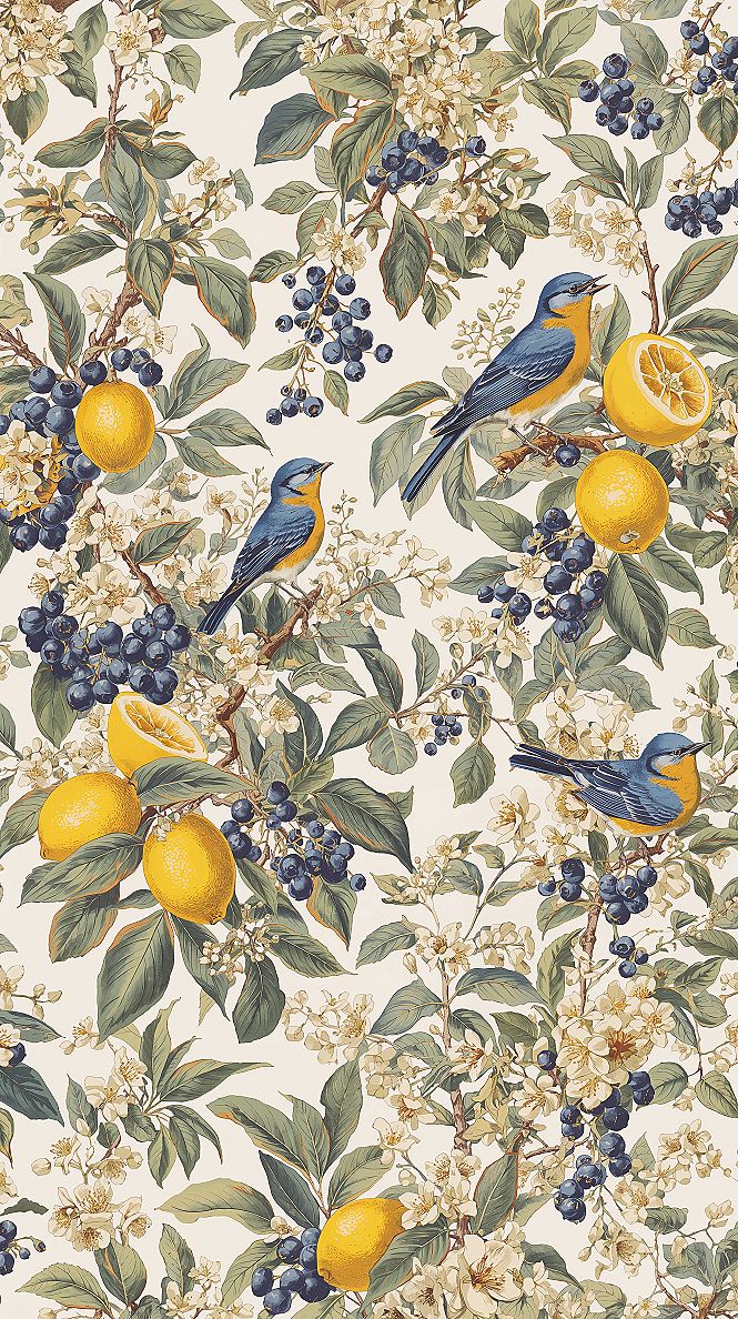 Whimsical Birds & Citrus Wallpaper: Spring Pastels for Cozy Homes