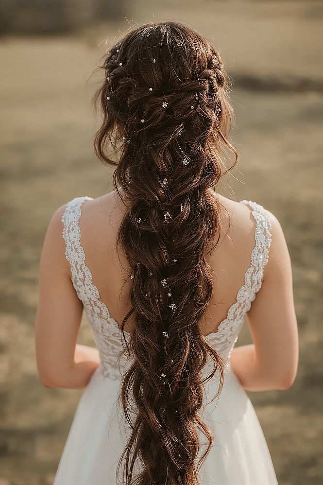 Boho Braided Wedding Hairstyle with Pearls for Long Hair