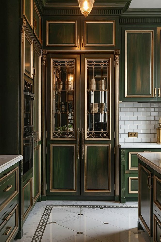 Luxury Green Kitchen: Gold Accents & Marble Elegance