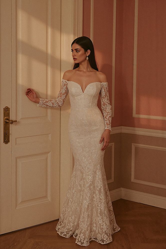 Timeless Off-Shoulder Lace Mermaid Wedding Dress with Long Sleeves