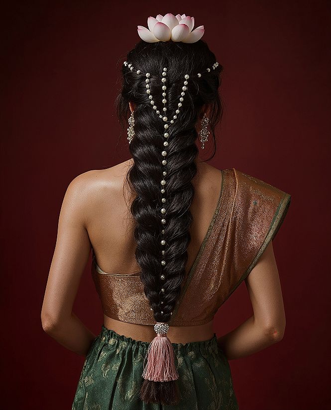 Elegant Saree Function Hairstyles: Fishtail Braid with Pearls & Flowers