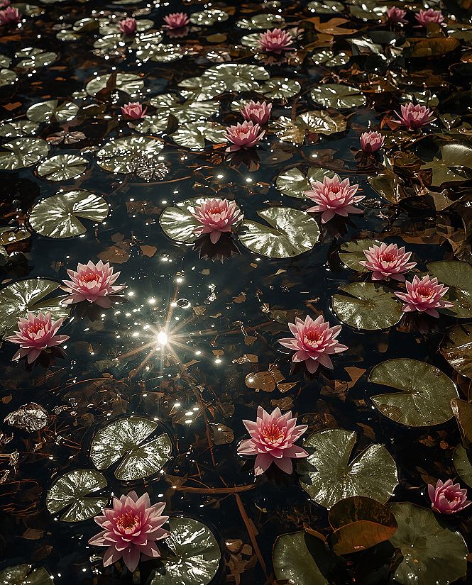 Serene Sparkle: Pink Water Lilies in a Sunlit Pond Aesthetic