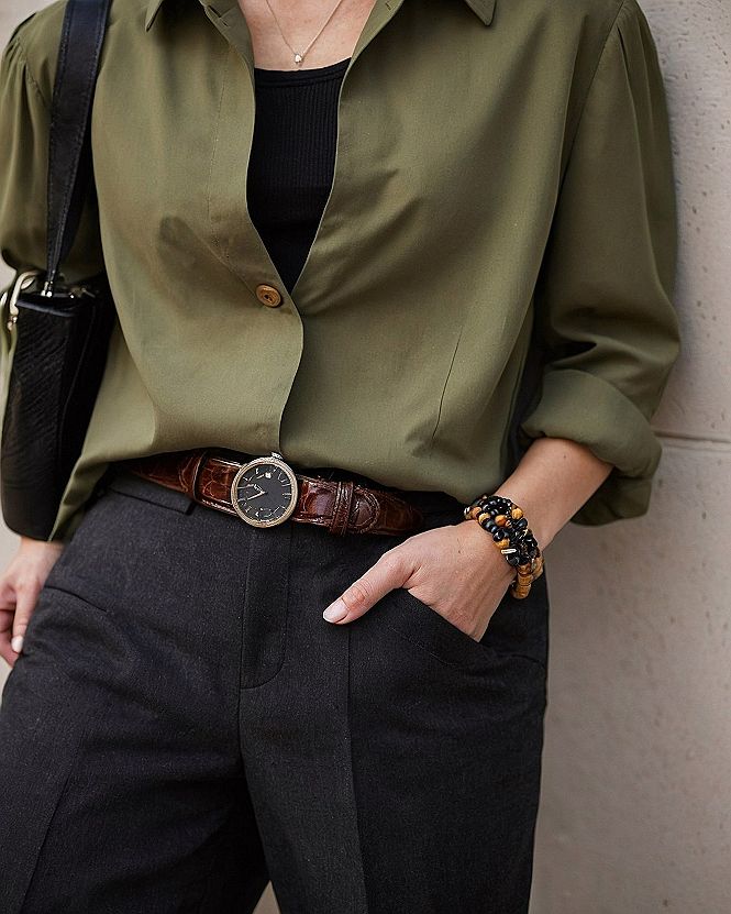 Styling an Olive Green Button Down With Tailored Trousers