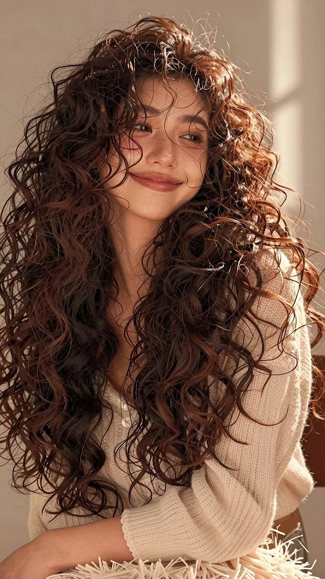Embracing Voluminous Curls with Soft Curtain Bangs