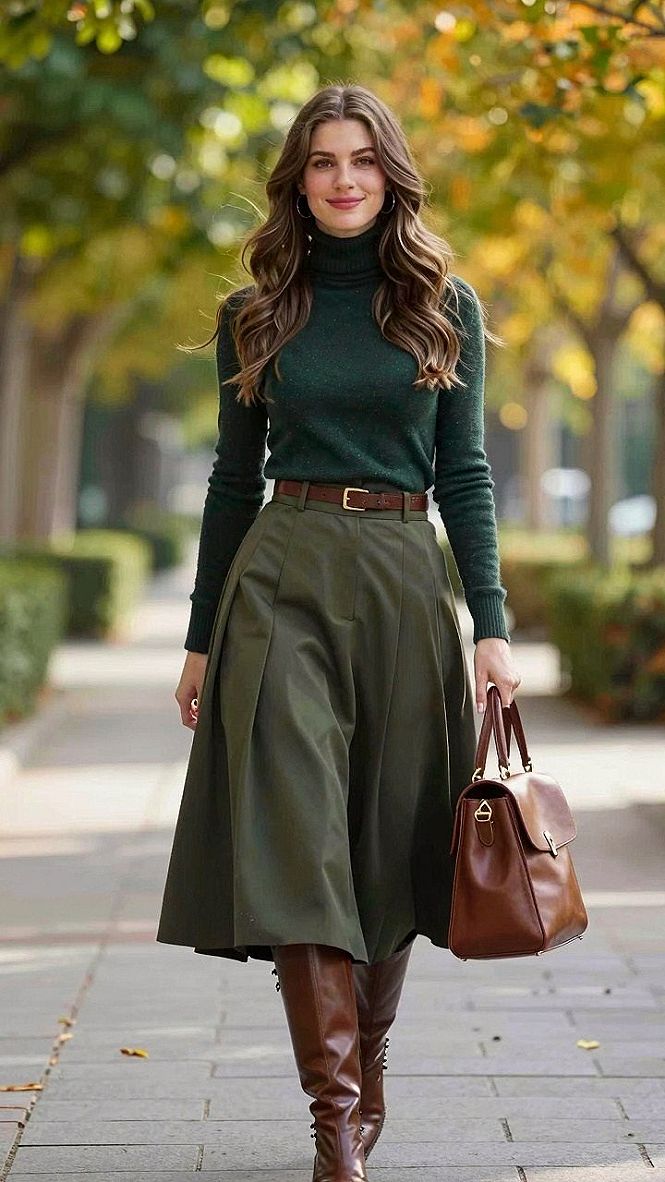 Pairing a Turtleneck Sweater with a Pleated Skirt