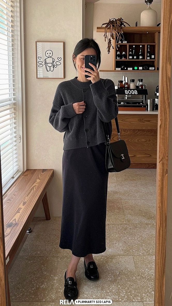 Combining a Knit Cardigan With a Midi Skirt