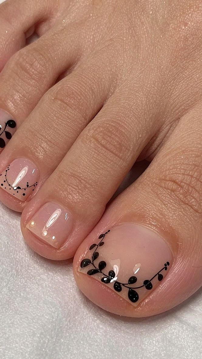 Delicate Botanical Vines On Neutral Pedicures