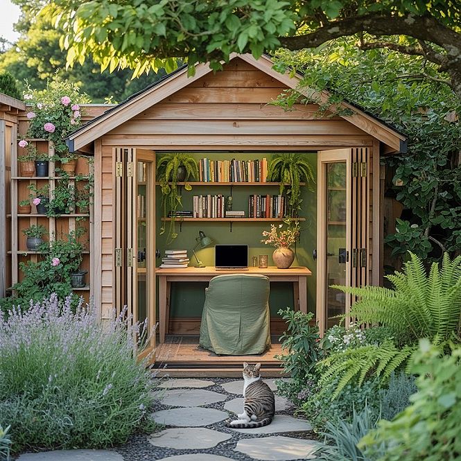 Garden Office Bliss: A Shed Workspace Amidst Lush Greenery