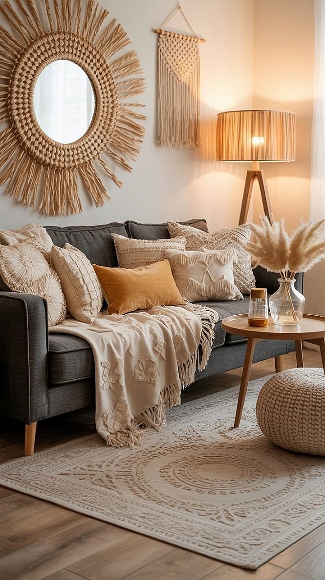 Boho Living Room: Grey Couch, Natural Textures & Beige Decor Ideas