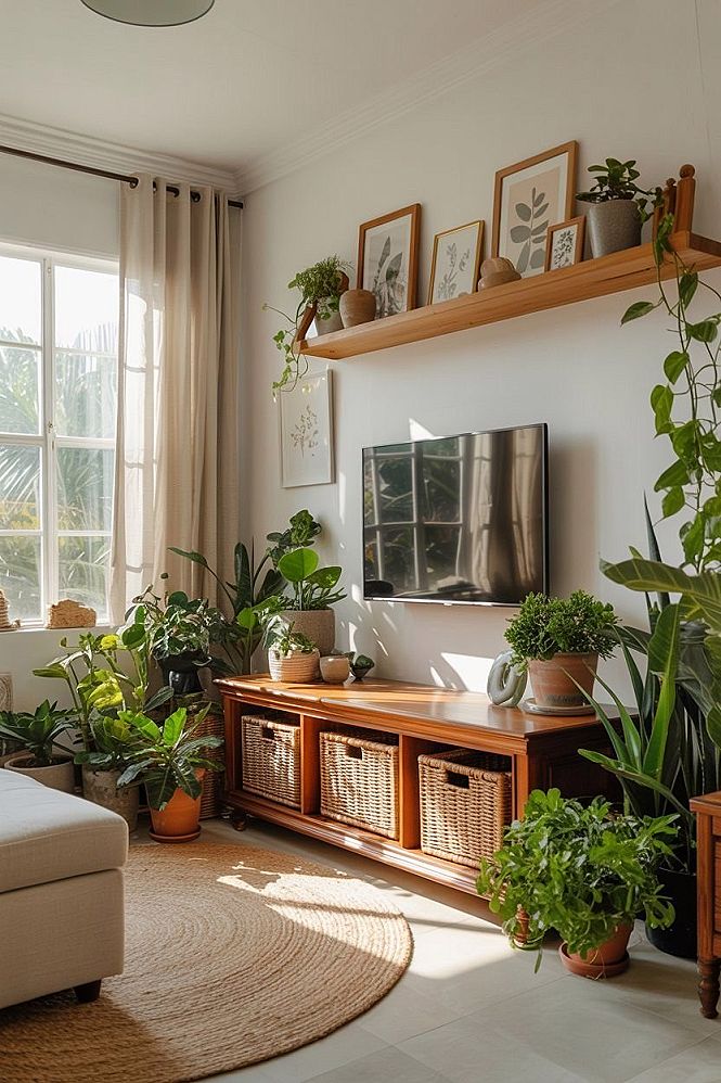 Cozy Boho Living Room: Stylish TV Setup with Plants & Natural Textures