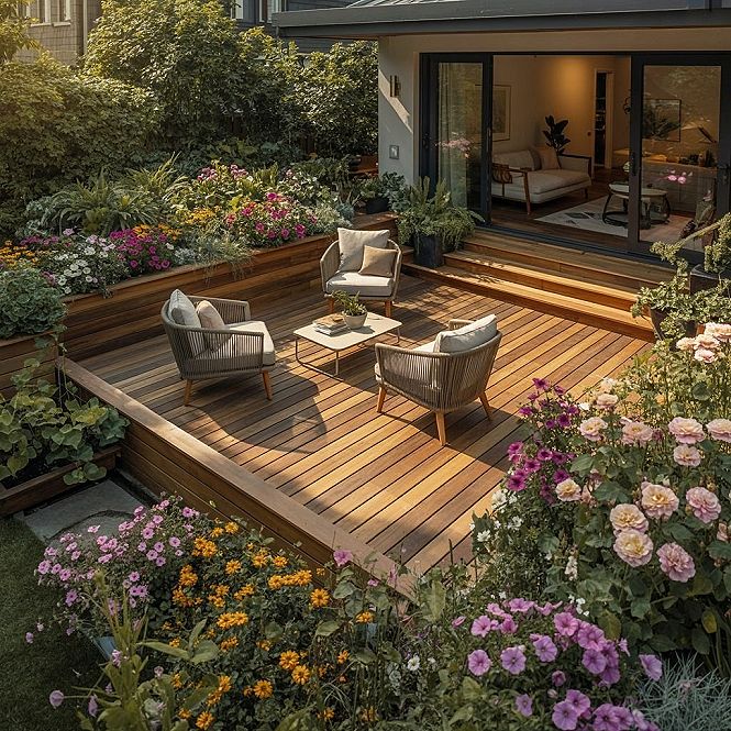Ground Level Deck Bliss: Enchanting Backyard Garden Design