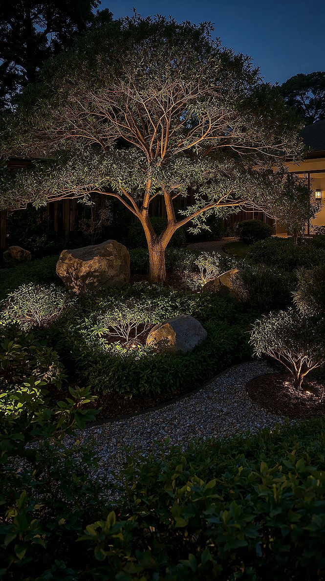 Modern Japanese Garden: Enchanting Night Illumination Design