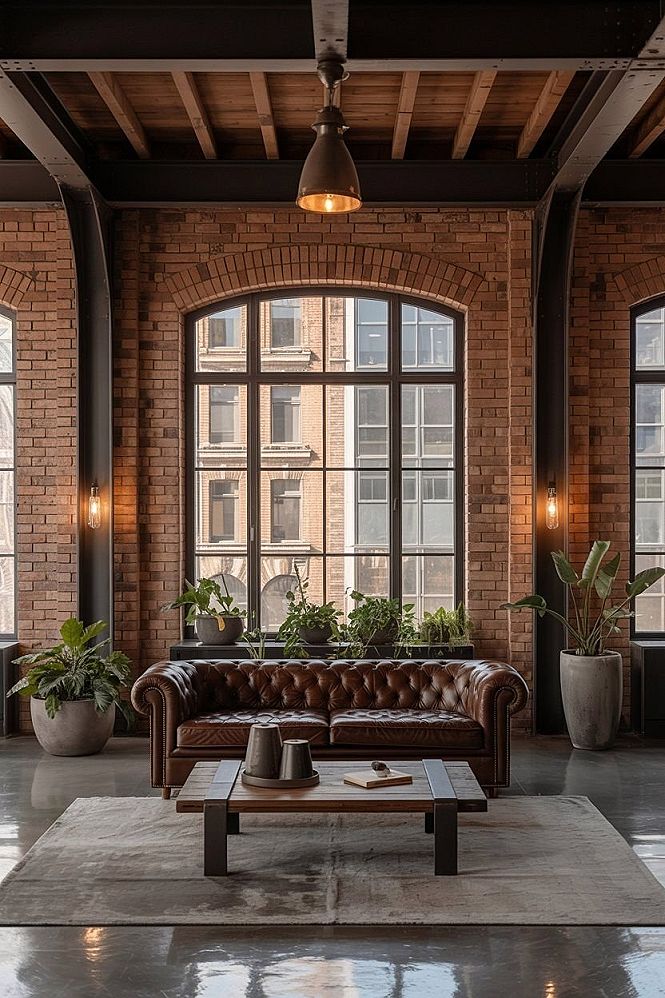 Industrial Living Room Design: Exposed Brick & Leather Sofa Masterpieces