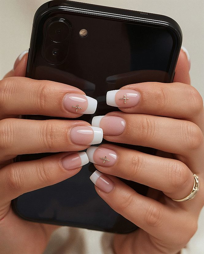 Chic Short Square French Tip Nails with Gold Charms: Dope Girly Acrylic Ideas
