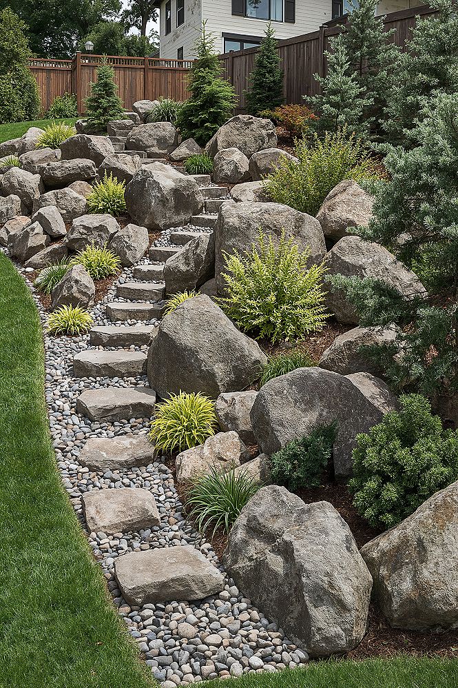 Sloped Yard Transformation: Chic Evergreen Rockery Designs